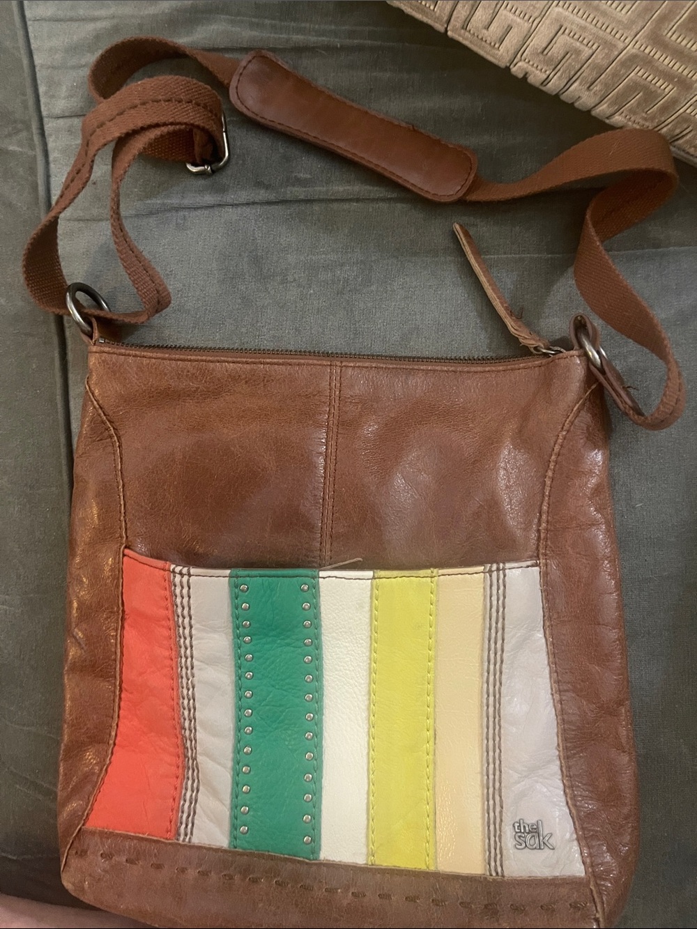 The Sak Brown Leather Crossbody with Multicolor Front Stripes